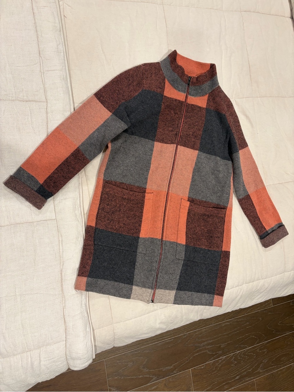 Anthropologie Plaid Zip-Front Cardigan in Orange & Charcoal